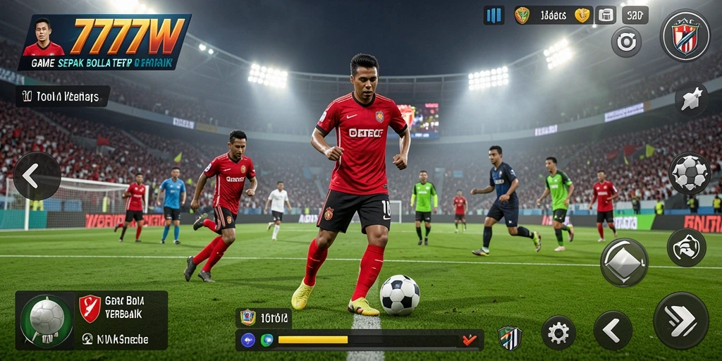 Tampilan gameplay seru dalam 7777W yang menampilkan pertandingan sepak bola.