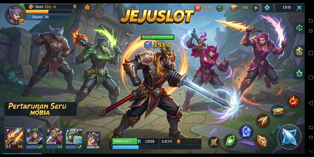 Screenshot JEJUSLOT menunjukkan aksi pertarungan pahlawan dalam pertempuran MOBA.