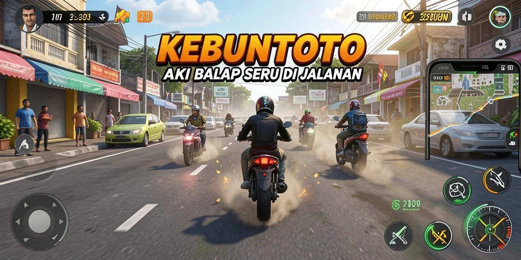 Tangkapan layar KEBUNTOTO menampilkan aksi balap seru di trek.