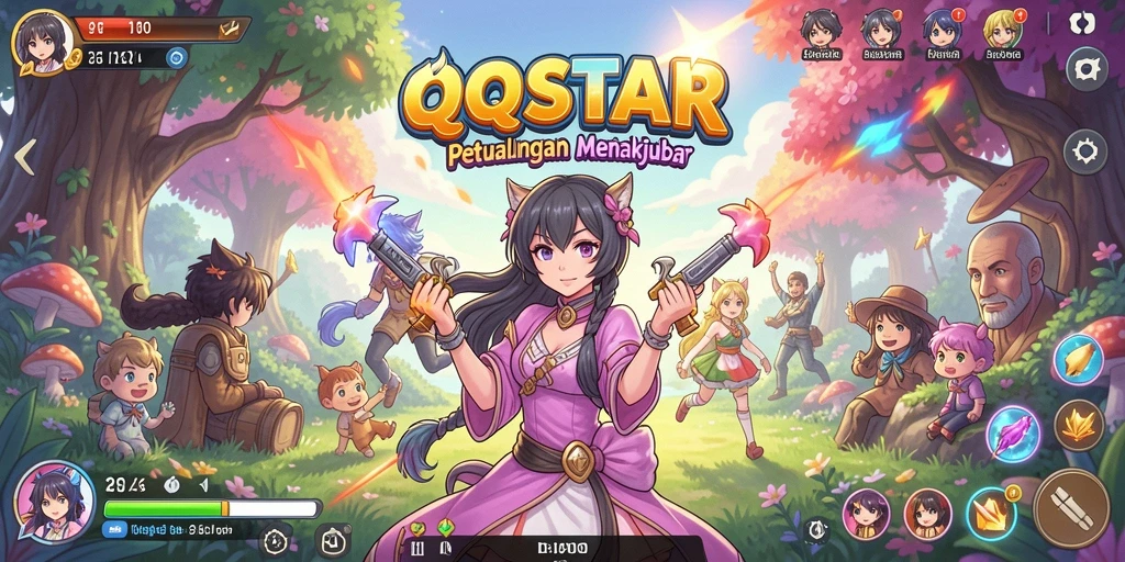 Tampilan seru dari gameplay <strong>QQSTAR</strong> yang penuh warna dan karakter menarik.